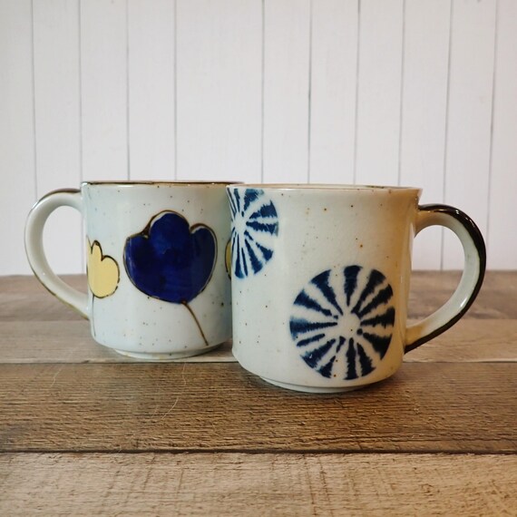 Vintage Stoneware Mug Set of 2 White with Blue and Yellow Flower Designs Otagiri Style Mid Century Modern Pottery