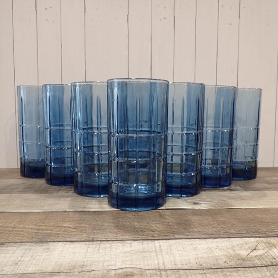 Vintage Anchor Hocking Tartan Light Blue Demin 6" Ice Tea Tumbler Set of 8 Glass with Plaid Line Pattern