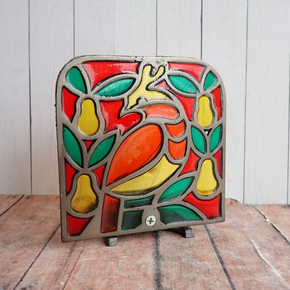 Vintage Stained Glass Style Christmas Partridge in a Pear Tree Votive Tealight Candle Holder