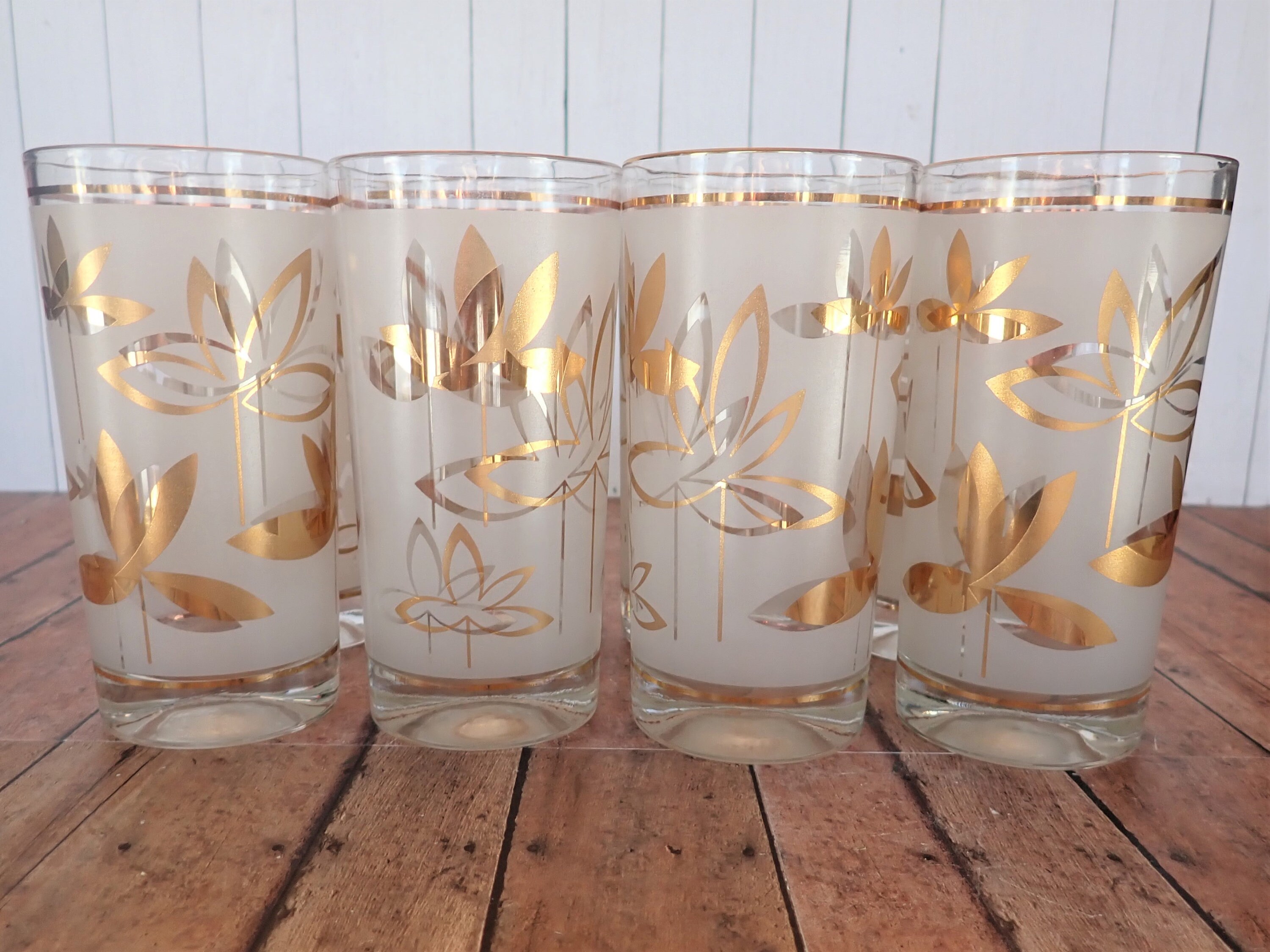 Vintage Clear Frosted Glass Tumblers Set of 8 with Modern Gold Leaf
