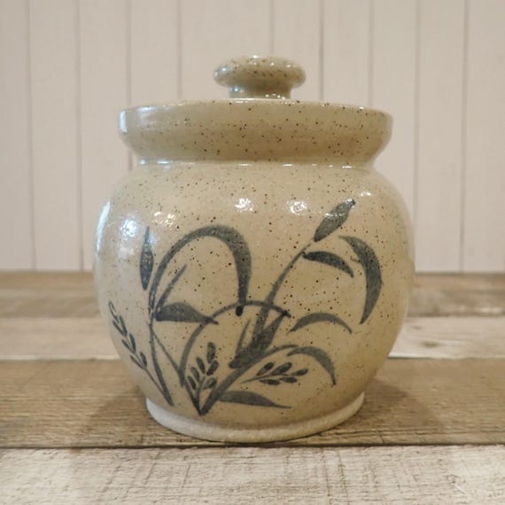 Vintage Lakeside Pottery Sugar Bowl or Honey Pot Jar with Lid Grey Blue White Ceramic Pottery with Blue Leaf Wheat Design Madison WI