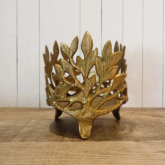 Vintage Brass Jar or Pillar Candle Holder with Leaf Design