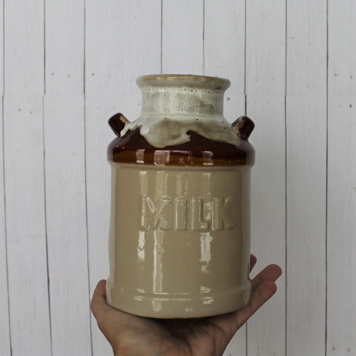 Vintage Stoneware Utensil Crock Canister Milk Jug Style Cream and Brown