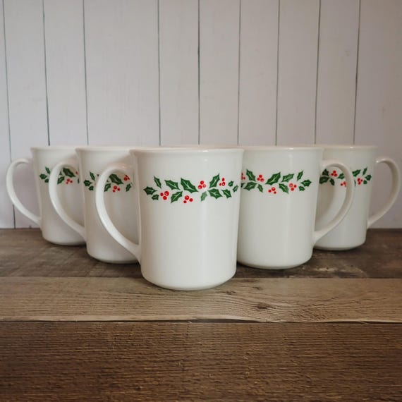 Vintage Corelle Corning WINTER HOLLY Mug Coffee Cup Set of 6 Christmas