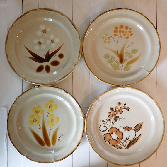 Vintage Mismatched Stoneware Salad Plate Set of 4 Mix and Match Plates Tan with Yellow Green Flower Designs 1970s