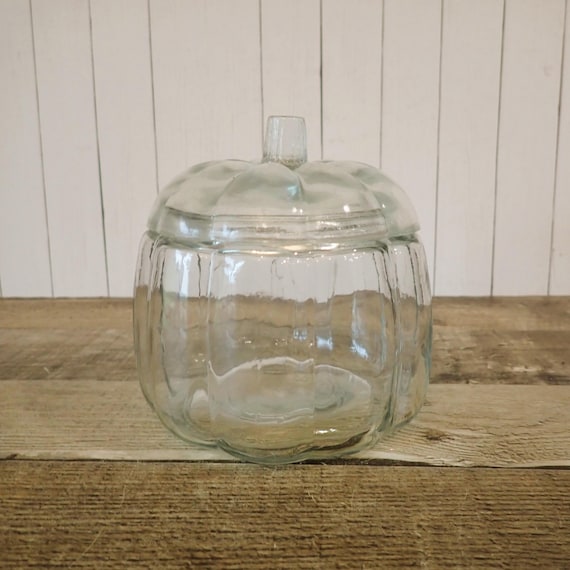 Vintage Clear Glass Pumpkin Dish Bowl with Lid Candy Dish Halloween Thanksgiving Decor
