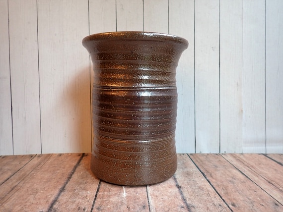 Vintage Studio Pottery Stoneware Utensil Holder Canister Crock Vase Brown Tan Beige with Ribbed Design Marked Nekola