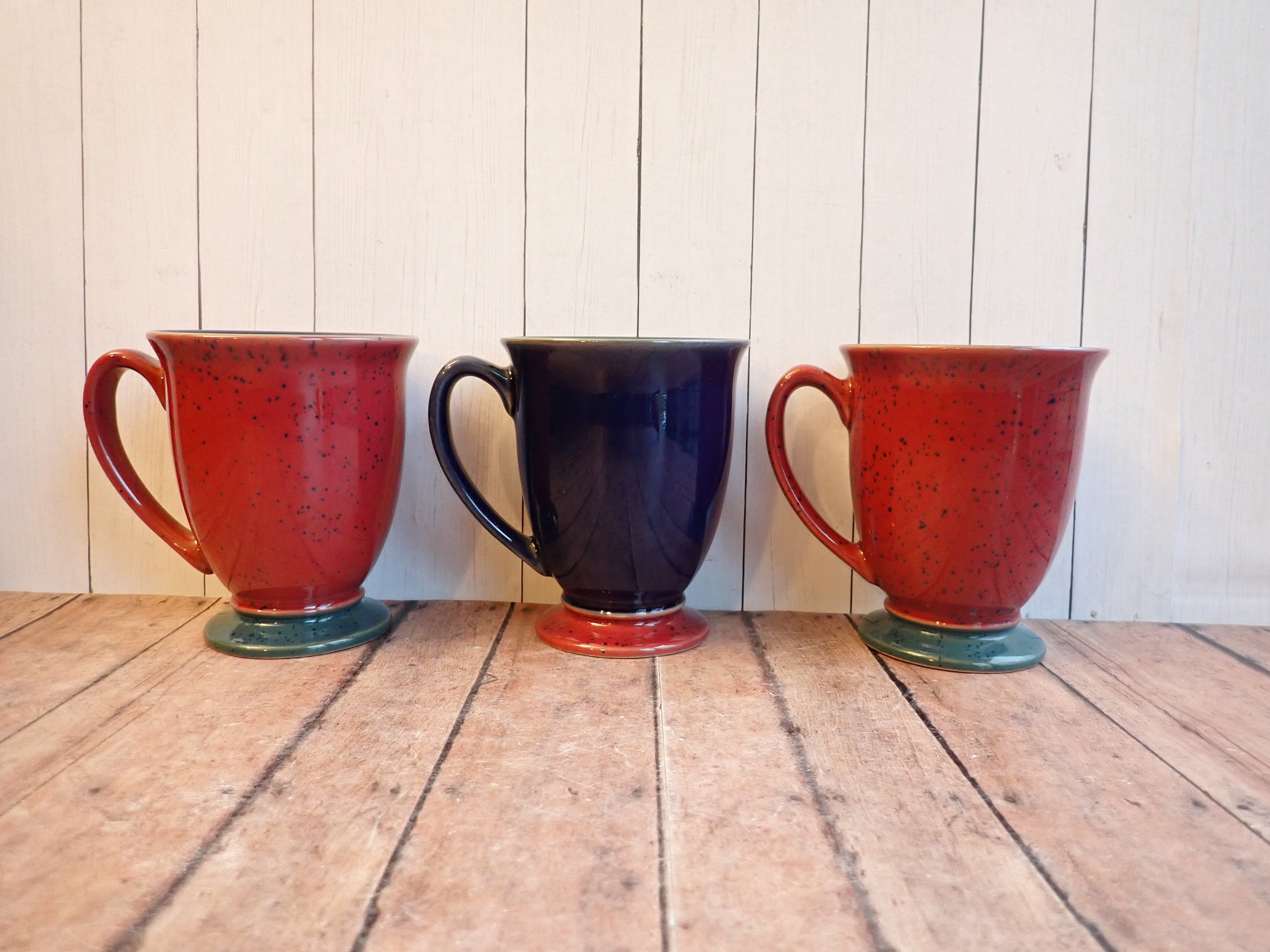 Vintage Denby HARLEQUIN Footed Mug Cup Set of 3 Red and Blue Mugs