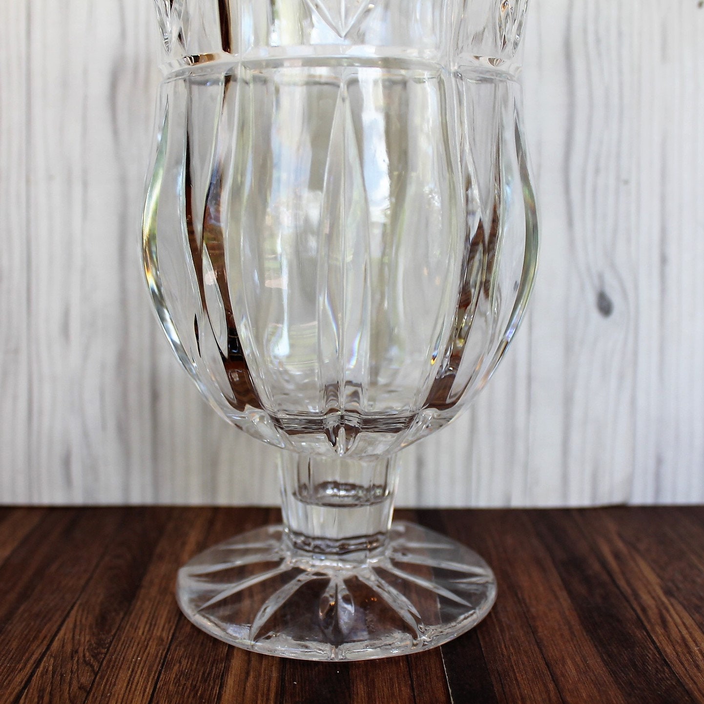 Vintage Block Crystal TULIP GARDEN Clear Glass Hurricane Vase Set of 2 Tall with Floral Flower