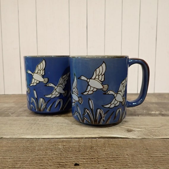Vintage Otagiri Duck Mugs Set of 2 Blue and Gray Stoneware Mugs