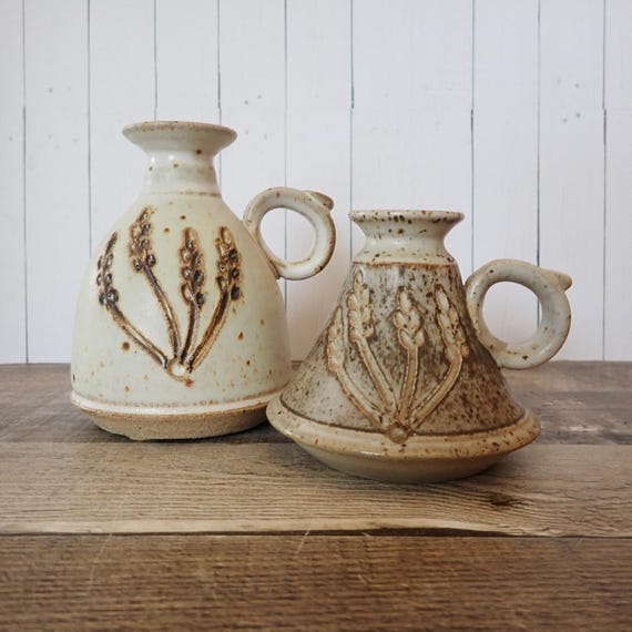 Vintage Pottery Oil Lamp or Vase Set of 2 Gray and Brown Stoneware with Wheat Designs