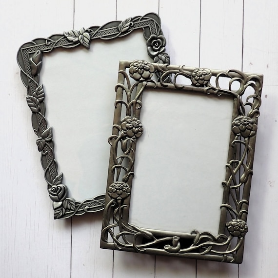Vintage Silver Metal 4x6 and 5x7 Picture Photo Frame Set of 2 with Filigree Openwork Design Scroll Flower and Leaf Design