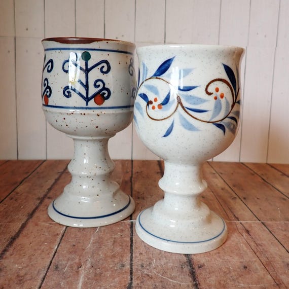 Vintage Otagiri Stoneware Goblet Wine Glass Set of 2 Ceramic White with Blue Leaf and Berry Design Similar to Hacienda Ceramic Goblet