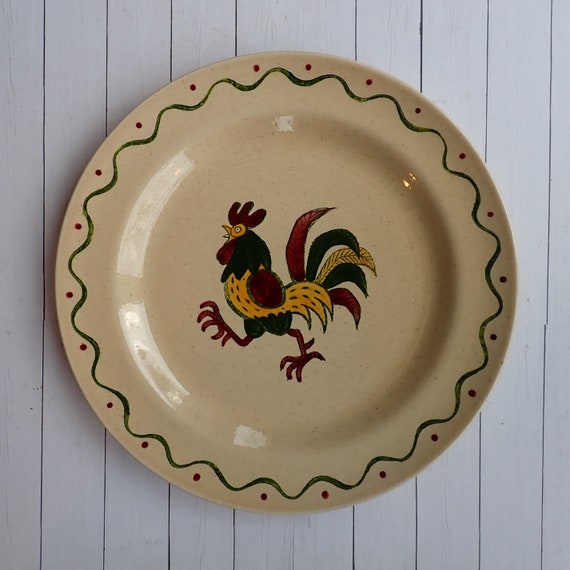 Vintage Metlox Poppytrail CALIFORNIA PROVINCIAL Ceramic 12" Chop Plate Serving Platter Cream Red Green with Rooster Design