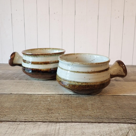 Vintage Pottery Stoneware Soup Bowl Mug with Handle Set of 2 Handmade Pottery Brown and White Stripes
