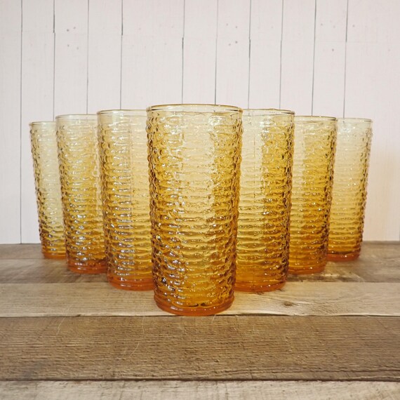 Vintage Anchor Hocking SORENO Gold Yellow Amber 6" Iced Tea Tumbler Glass Set of 7 Textured Bark Design