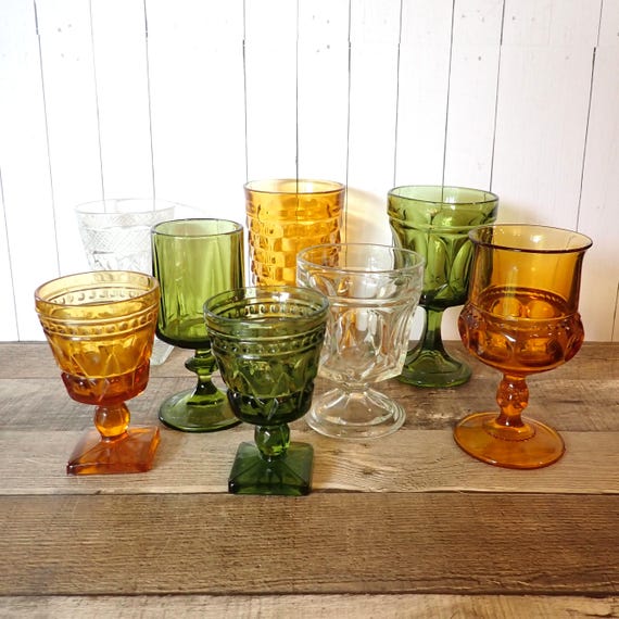 Vintage Mismatched Green Amber Clear Glass Goblets Wine Glasses Set of 8 Mix and Match Set
