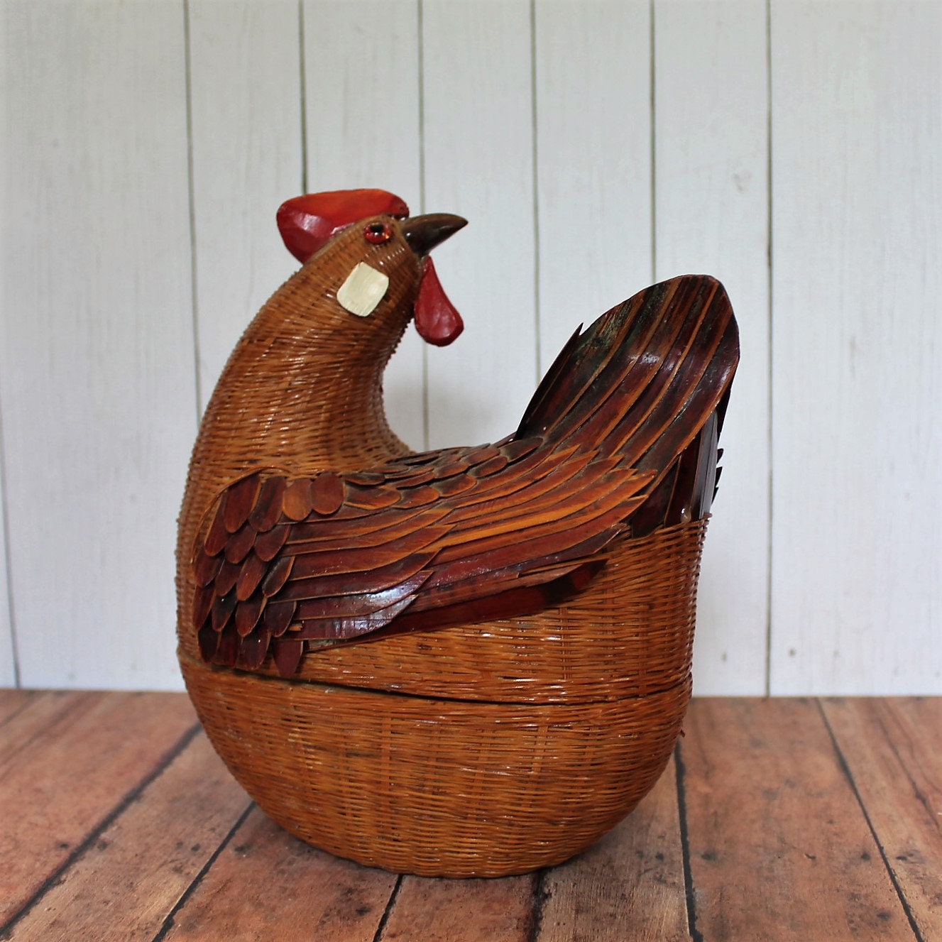 Vintage Wicker Woven Chicken Rooster Turkey Basket with Wood Feathers