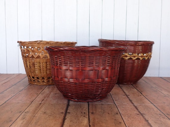 Vintage Woven Wicker Dark Brown Planter Basket Set of 3 Round Baskets Flower Pot Boho Tropical Decor