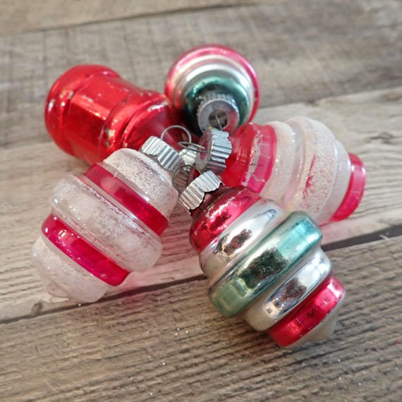 Vintage Shiny Brite Mercury Glass UFO Barrel Lantern Shaped Christmas Ornaments Set of 5 USA Red Silver Gold Pink Retro Modern Unsilvered