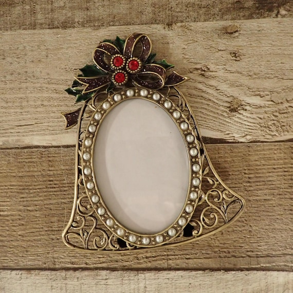 Vintage Bell Shaped Christmas Photo Picture Frame 2x3 Bronze Enamel and Pearl Frame