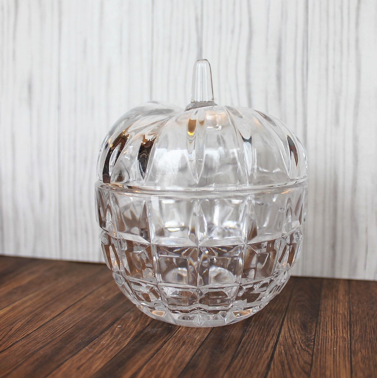 RESERVED Vintage Clear Glass Apple Sugar Bowl with Lid Sugar Dish Cross
