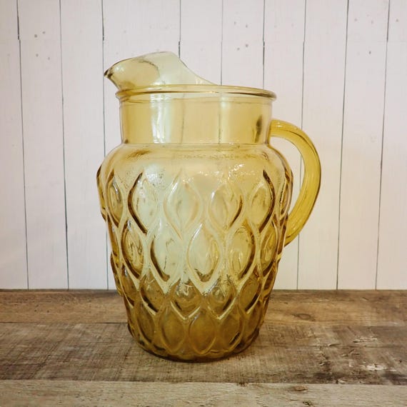 Vintage Anchor Hocking MADRID AMBER Pitcher Quilted Leaf Design Modern Retro 1970s