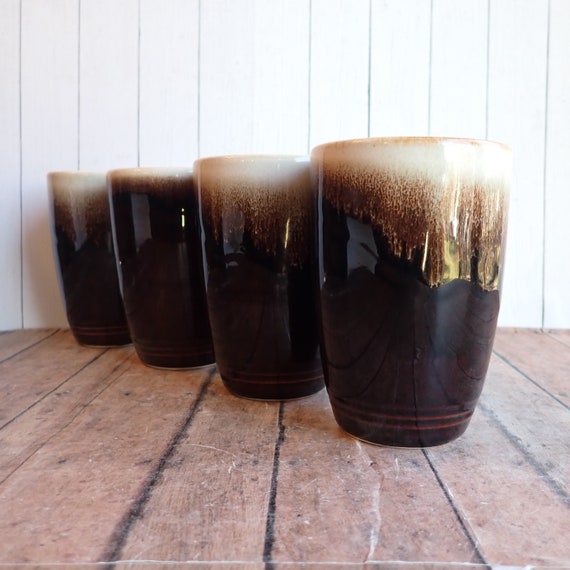Vintage Pfaltzgraff GOURMET BROWN 12 oz. China Tumbler Set of 4 Brown Drip Stoneware Drinking Glasses