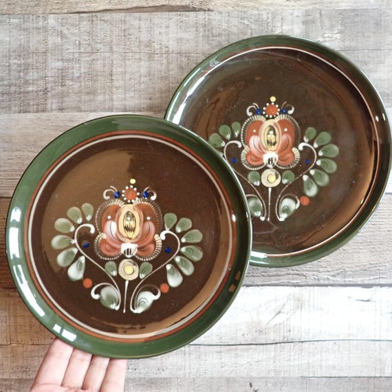 Vintage Kohler Biel Salad Plate Set of 2 Brown with Green and Pink Flower Design Swiss Folk Art Pottery
