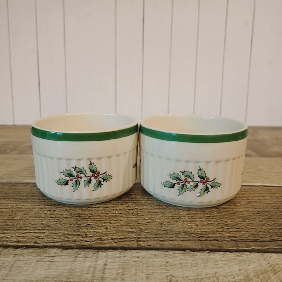 Vintage Spode Christmas Tree Ramekin Dish Bowl Set of 2 White Bowls with Holly Design