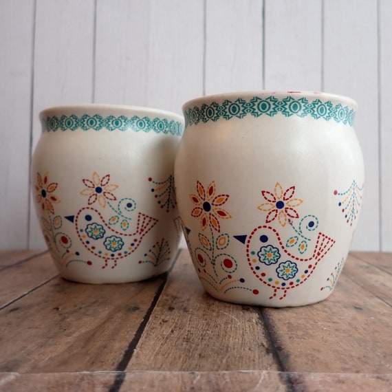 Vintage Ceramic Votive Candle Holder Set of 2 White with Bird and Flower Design