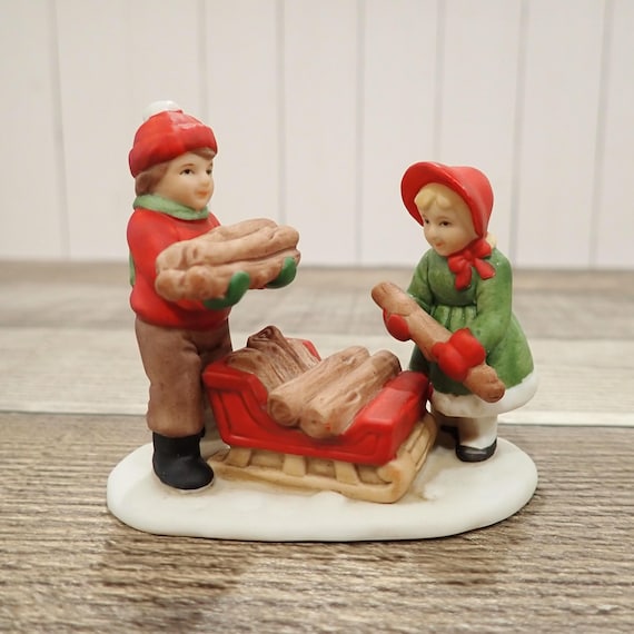 Vintage LEFTON Colonial Village Accessory Ryan Erika Sanderson Kids with Wood Log Pile Village People Accessories 07327
