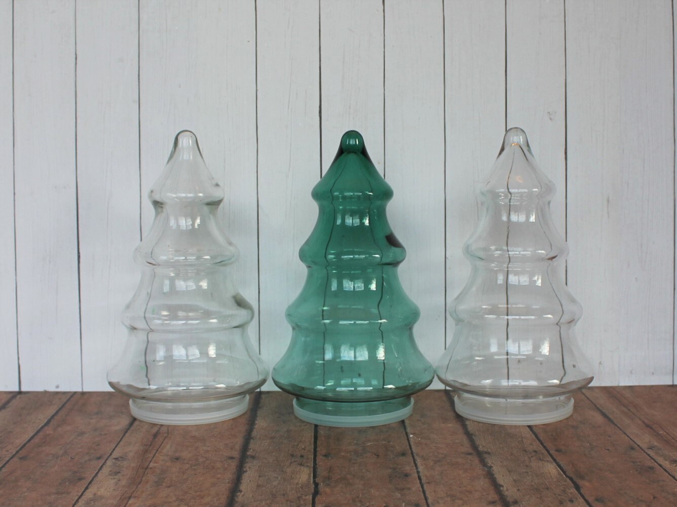 Vintage Clear and Green Glass Christmas Tree Canister Jar Container