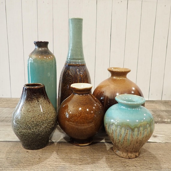 Vintage Stoneware Bud Vase Set of 6 Vases Modern Style White Brown Blue Tan Drip Glaze