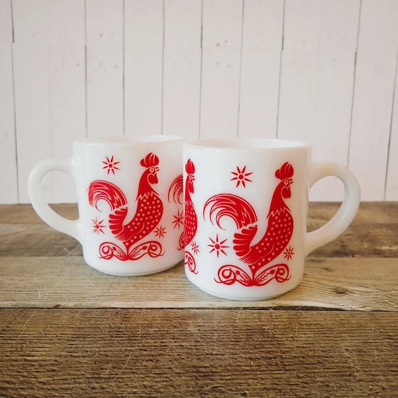 Vintage Hazel Atlas White Milk Glass Red Rooster Mug Set of 2 Mugs
