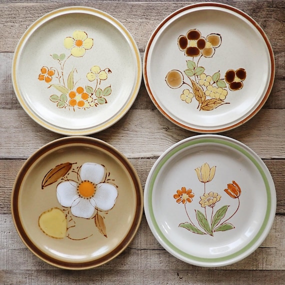 Vintage Mismatched Stoneware Salad Plate Set of 4 Mix and Match Plates with Yellow Green Brown Flower Designs 1970s