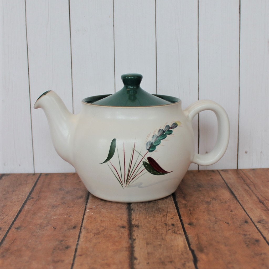 Vintage Denby GREENWHEAT Teapot with Hand Painted Leaf Design Signed