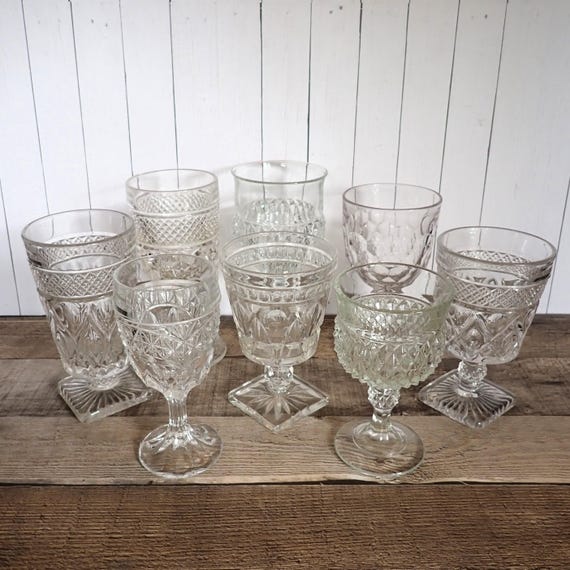 Vintage Mismatched Clear Glass Goblets Wine Glasses Set of 8 Mix and Match Set