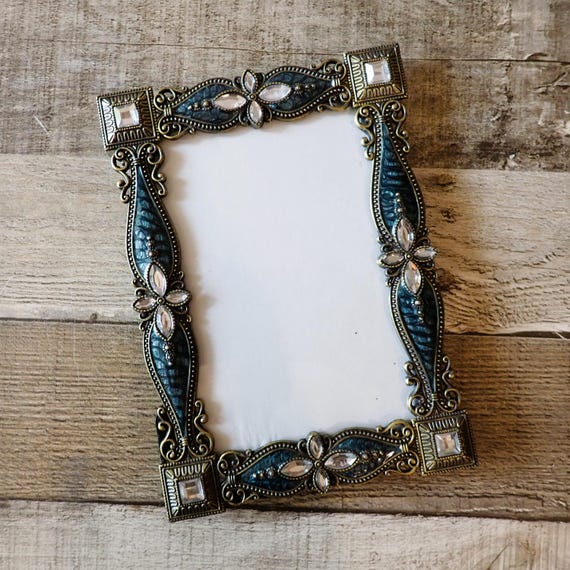 Vintage 4x6 Bronze Metal Enamel and Rhinestone Photo Picture Frame with Flower Designs