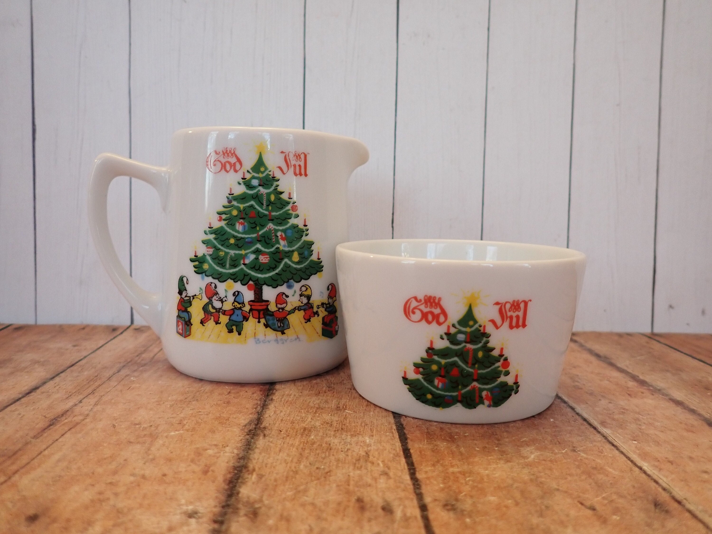 Vintage Berggren Christmas Open Sugar Bowl Dish and Creamer Set of 2 God Jul Merry Christmas