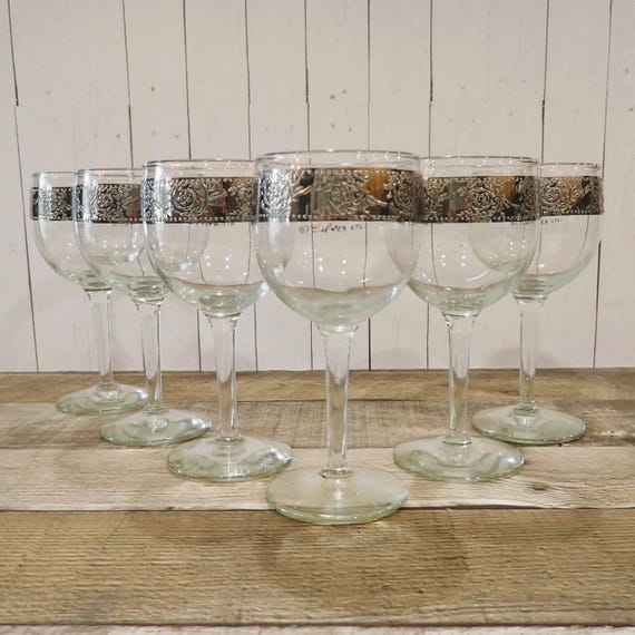 Vintage Culver TYROL Silver Wine Glass Set of 6 Clear Glasses with Ornate Silver Scroll and Flower Design