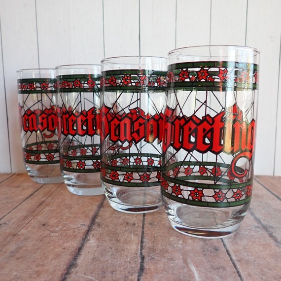 Vintage Houze Seasons Greetings Stained Glass Tumblers Set of 4 Christmas Holiday Green and Red Poinsetta Mid Century