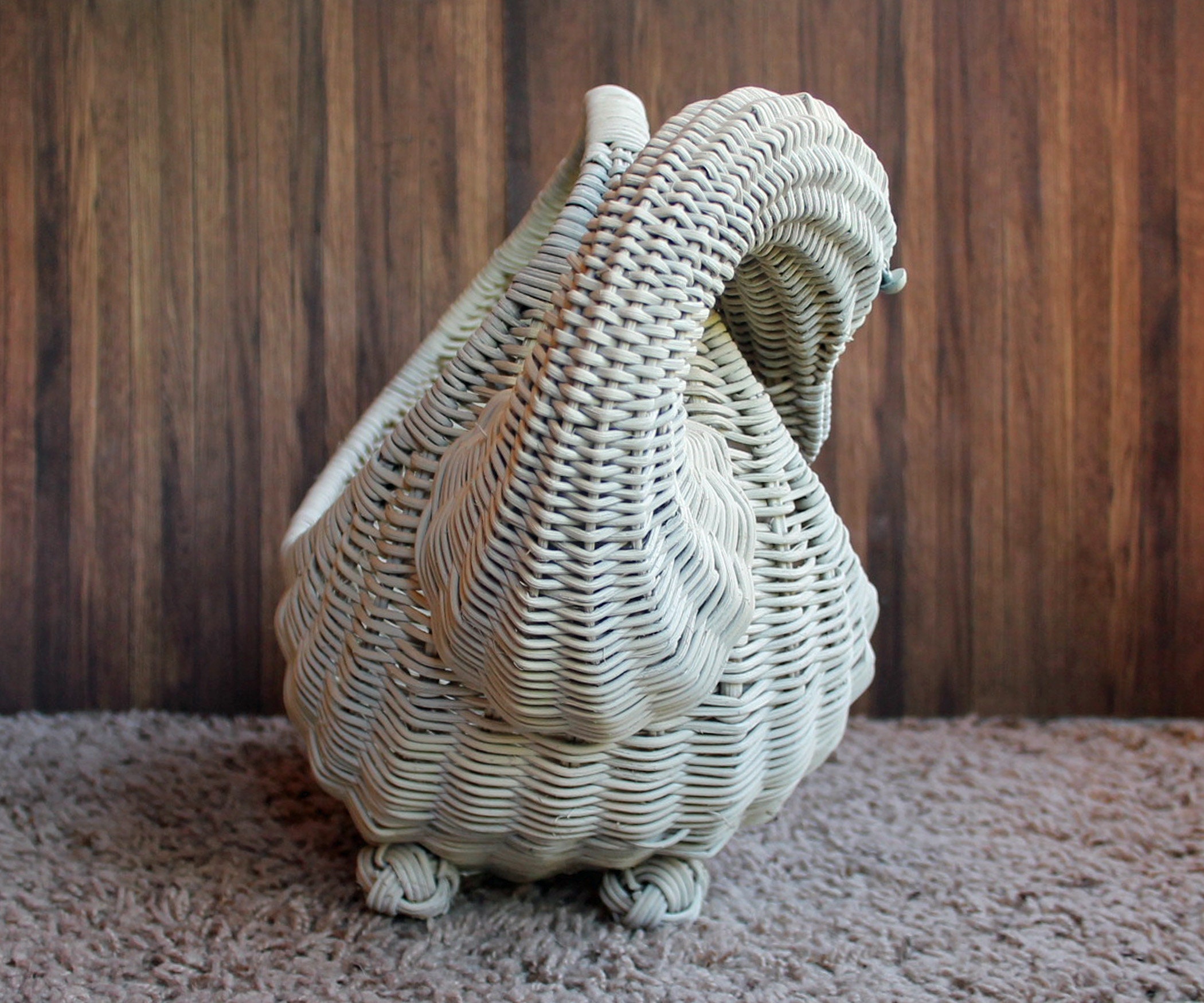 Vintage White Woven Wicker Duck Swan Basket Large Size Animal Basket