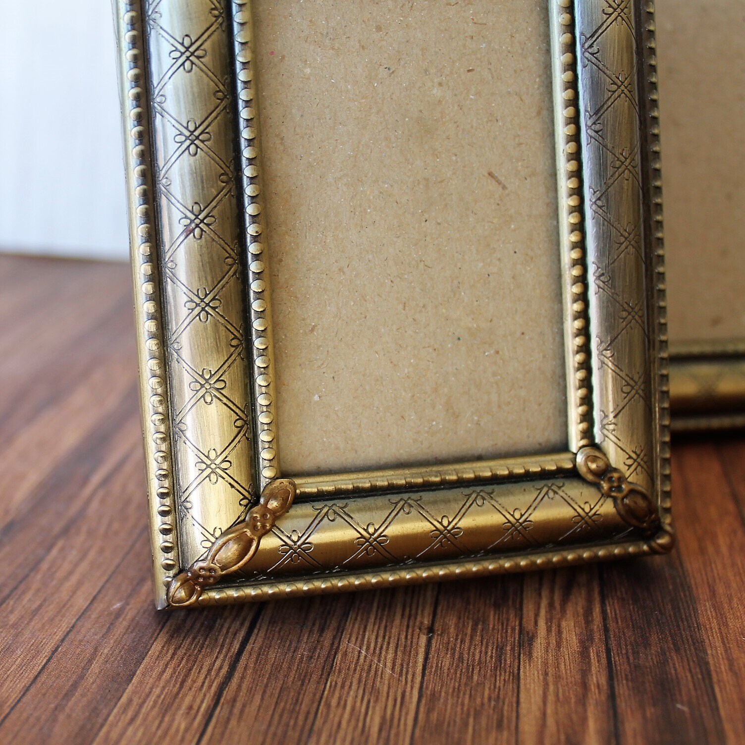 Vintage Bronze Metal Picture Photo Frame Set of 2 Etched Design 2x3 and