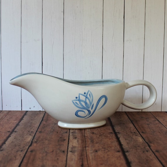 Vintage Denby PRIDE Ceramic Gravy Boat White with Blue Tulip Flower Design