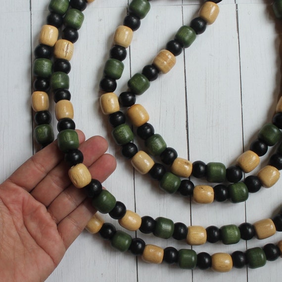 Wood Bead Halloween Garland Black White Green Wooden Beads 16 Ft Length Fall Mantle Decor Hand Made Chunky Bead Garland