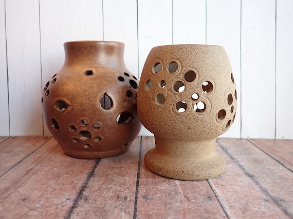 Vintage Stoneware Pottery Luminary Candle Lantern Set of 2 Leaf Pattern Votive or Tea Light Holder