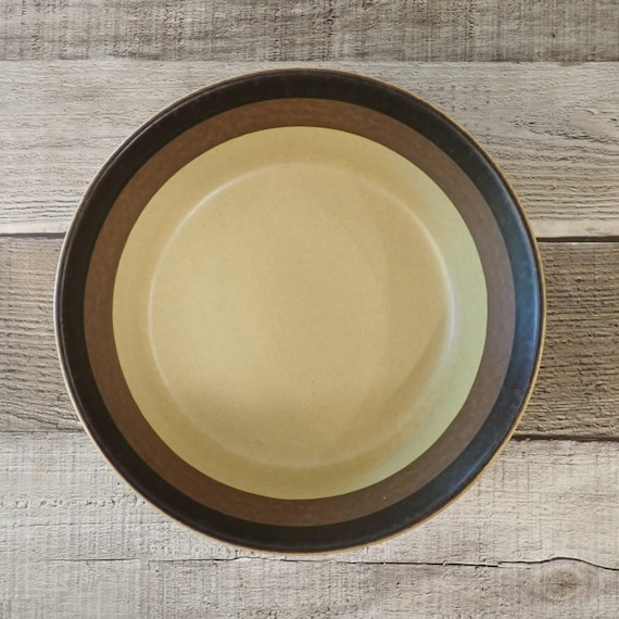 Vintage Arrowstone ZUNI MAIZE Cereal Bowl Set of 7 Bowls Mid Century Modern Tan Gold Brown Bands Kasuga Stoneware