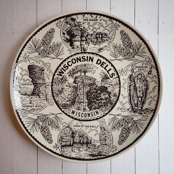 Vintage Wisconsin Dells Souvenir Plate Brown and White with Dells Scenes Chinmey Rock