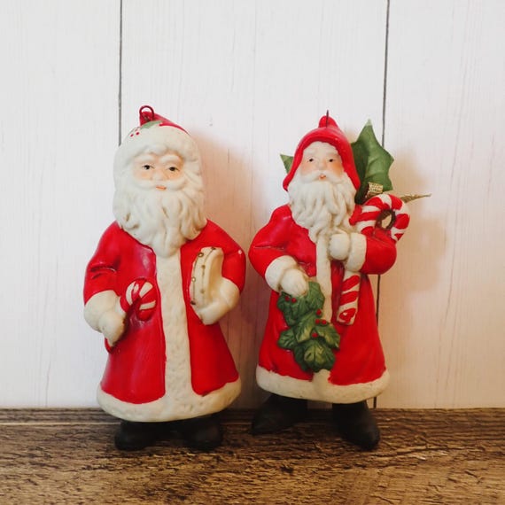 Vintage Ceramic Santa Claus Ornaments Set of 2 Traditional Old World Santas
